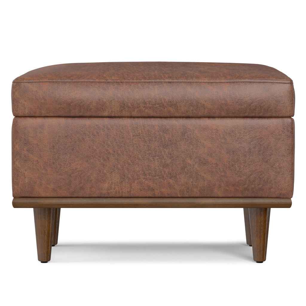 26" Brown and Walnut Leather Cocktail Ottoman With Storage