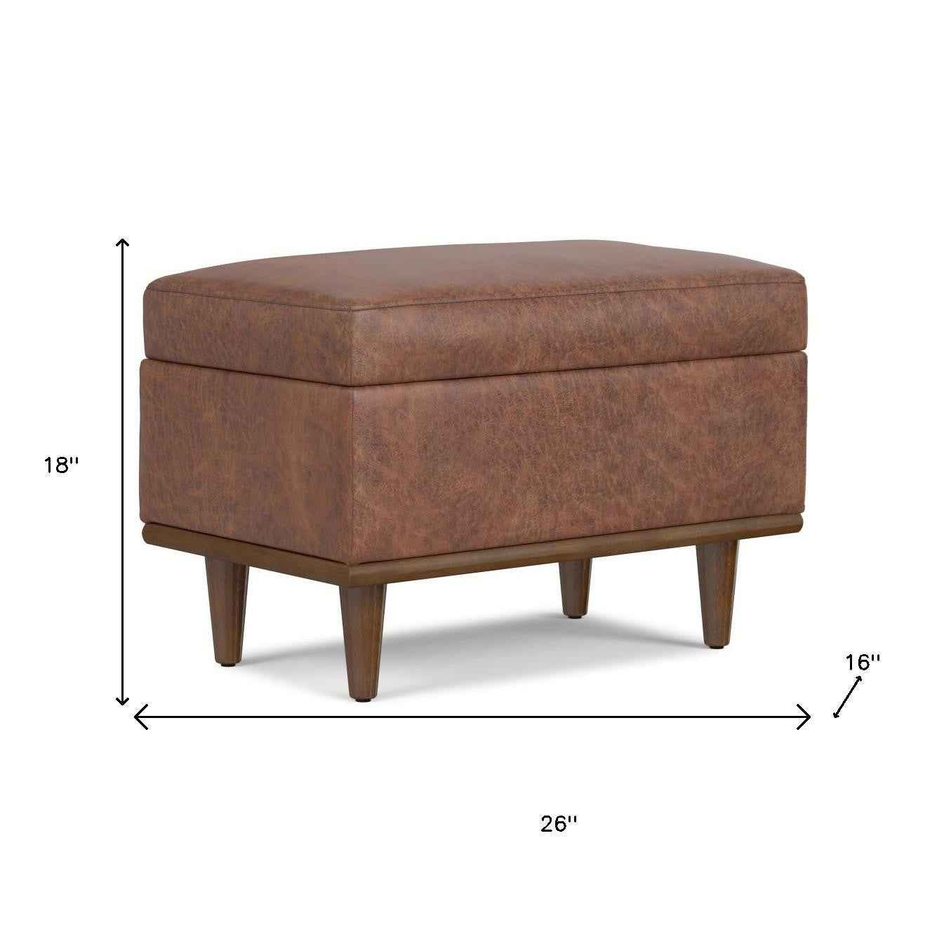 26" Brown and Walnut Leather Cocktail Ottoman With Storage