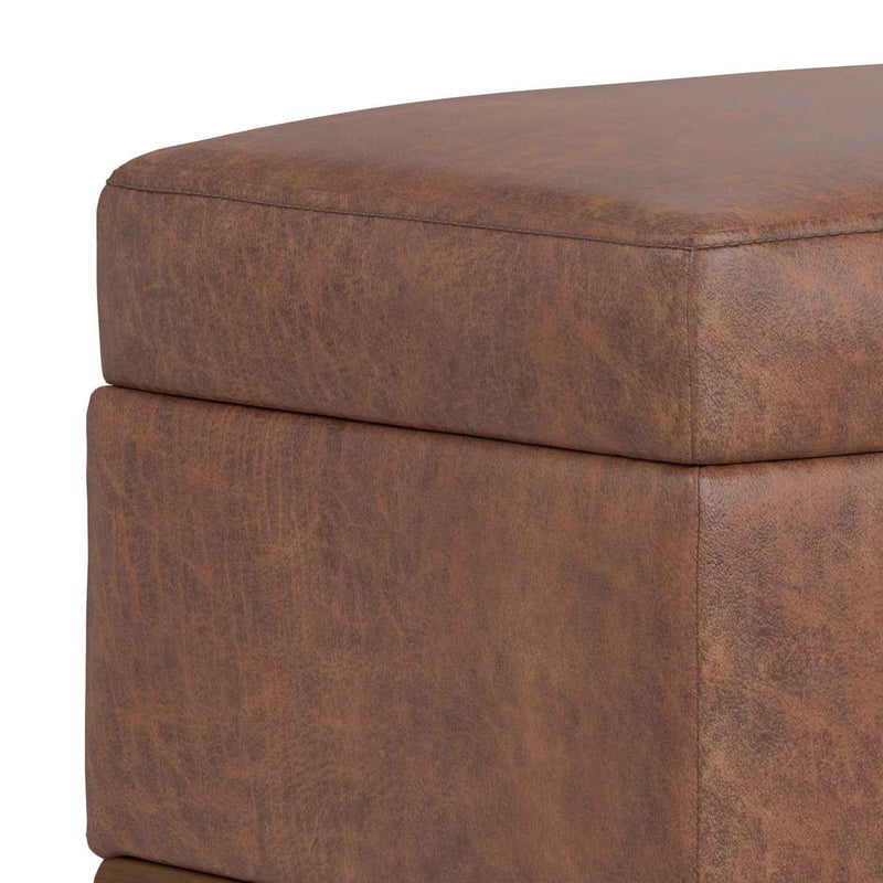 26" Brown and Walnut Leather Cocktail Ottoman With Storage