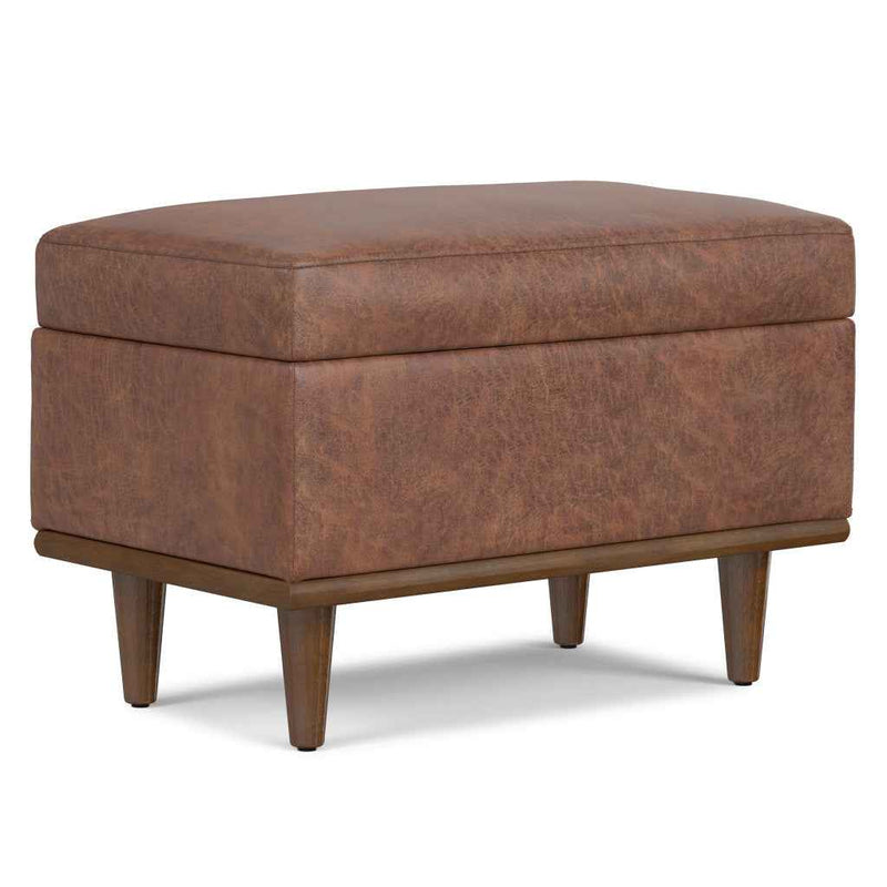 26" Brown and Walnut Leather Cocktail Ottoman With Storage