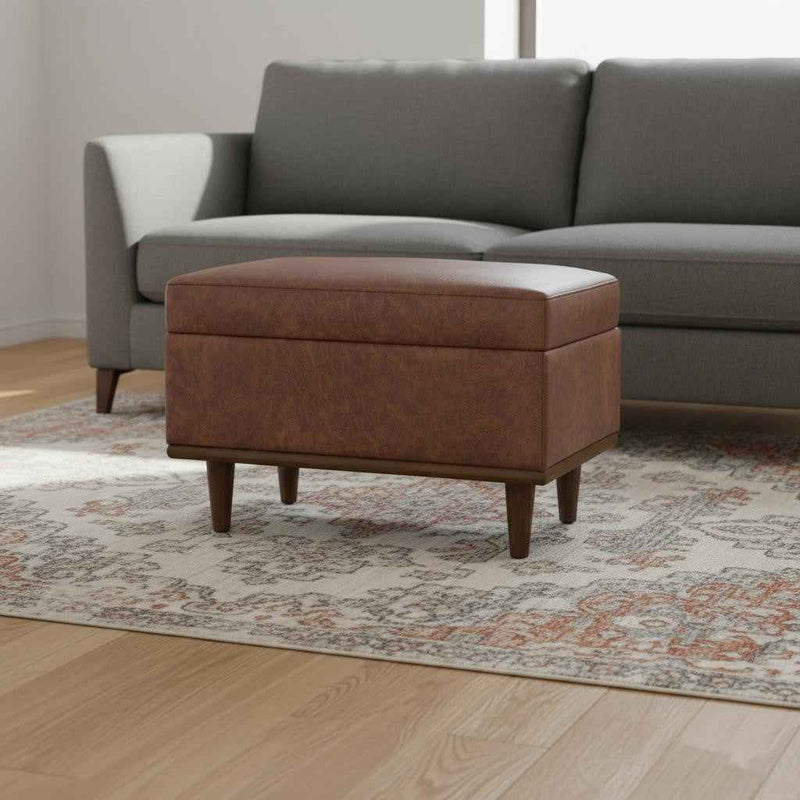 26" Brown and Walnut Leather Cocktail Ottoman With Storage