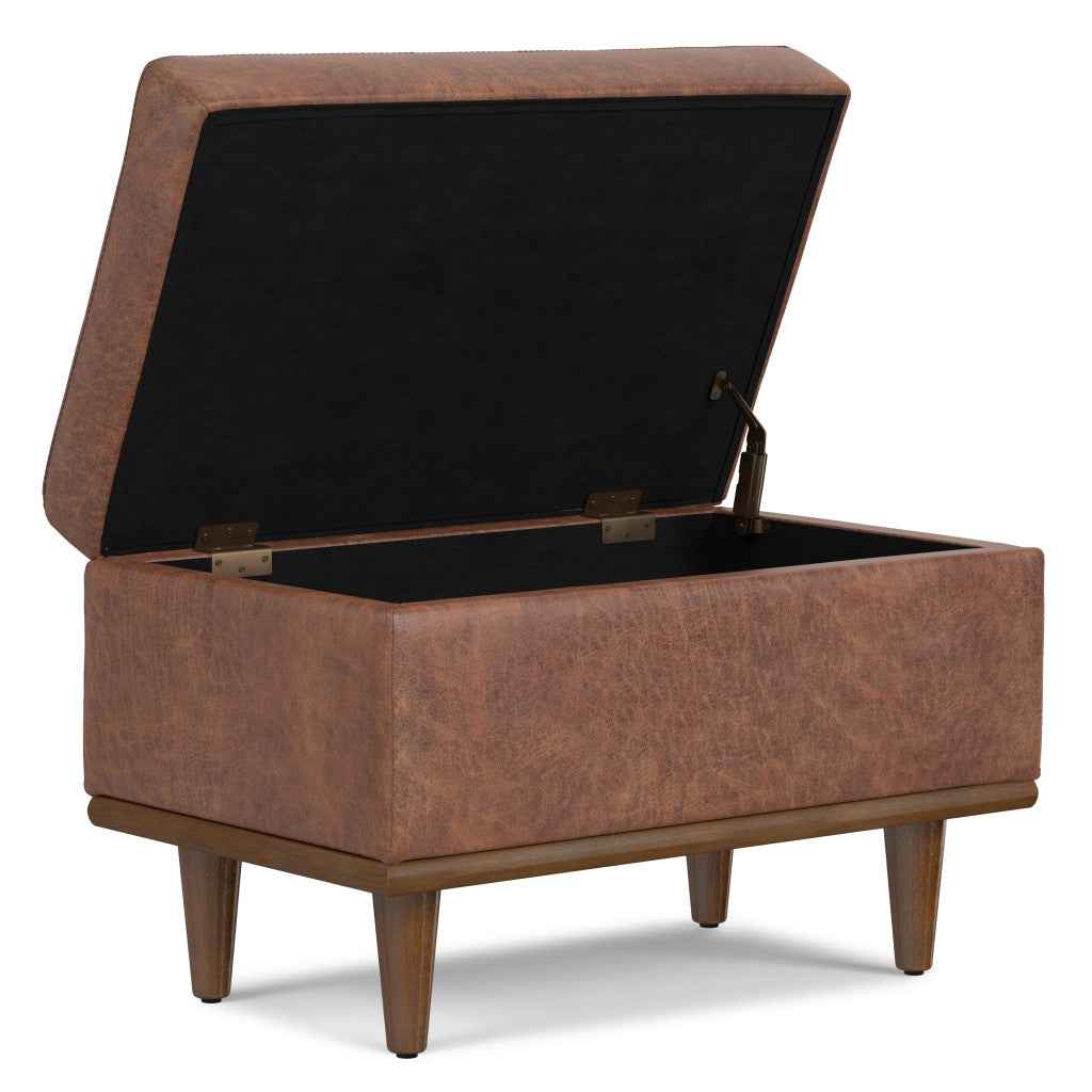 26" Brown and Walnut Leather Cocktail Ottoman With Storage