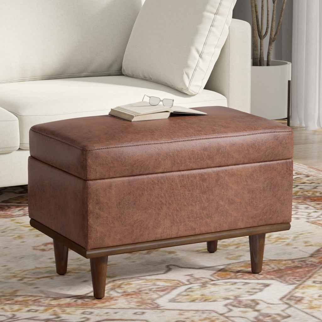 26" Brown and Walnut Leather Cocktail Ottoman With Storage