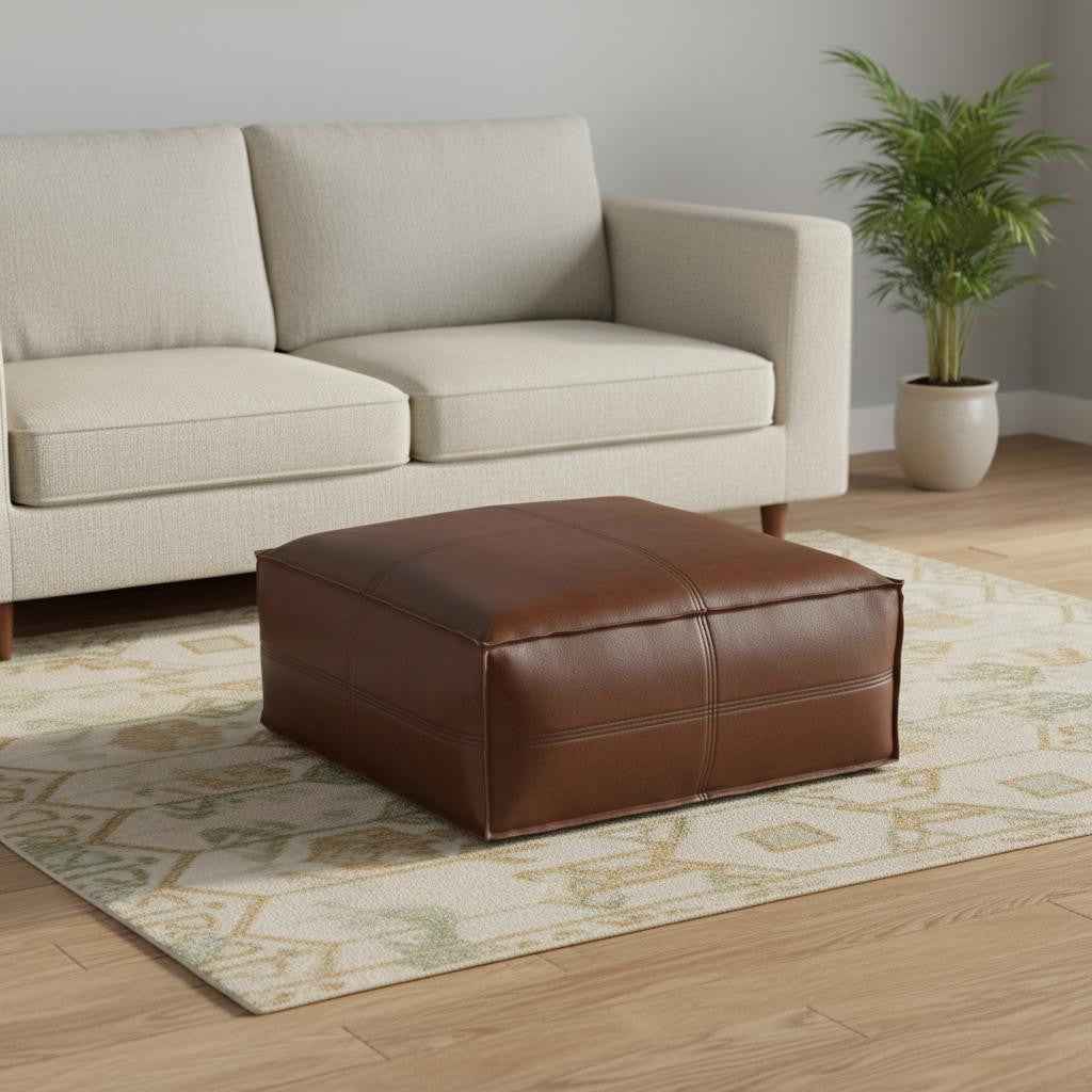 30" Brown Faux Leather Pouf Ottoman