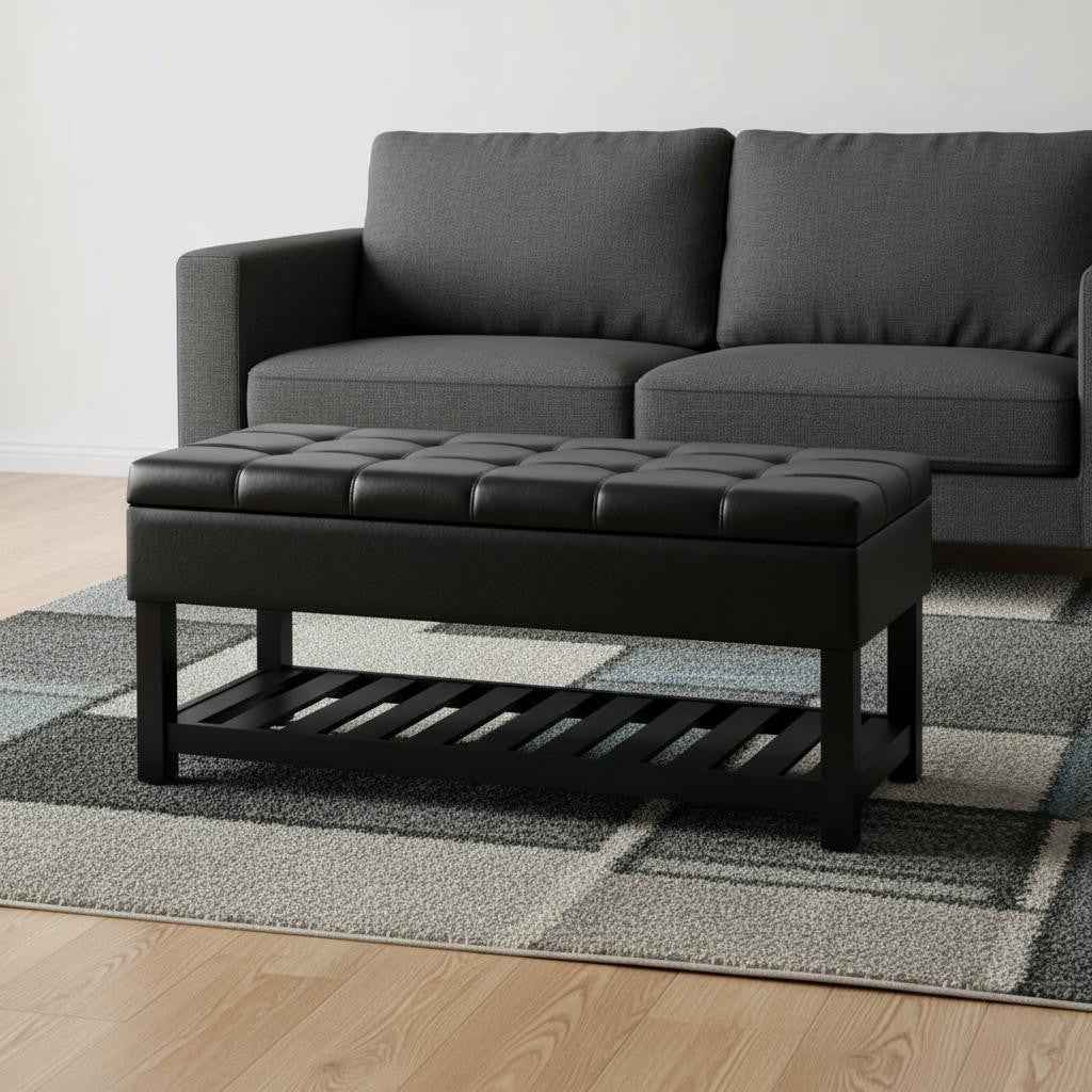 43" Black and Espresso Leather Ottoman With Storage