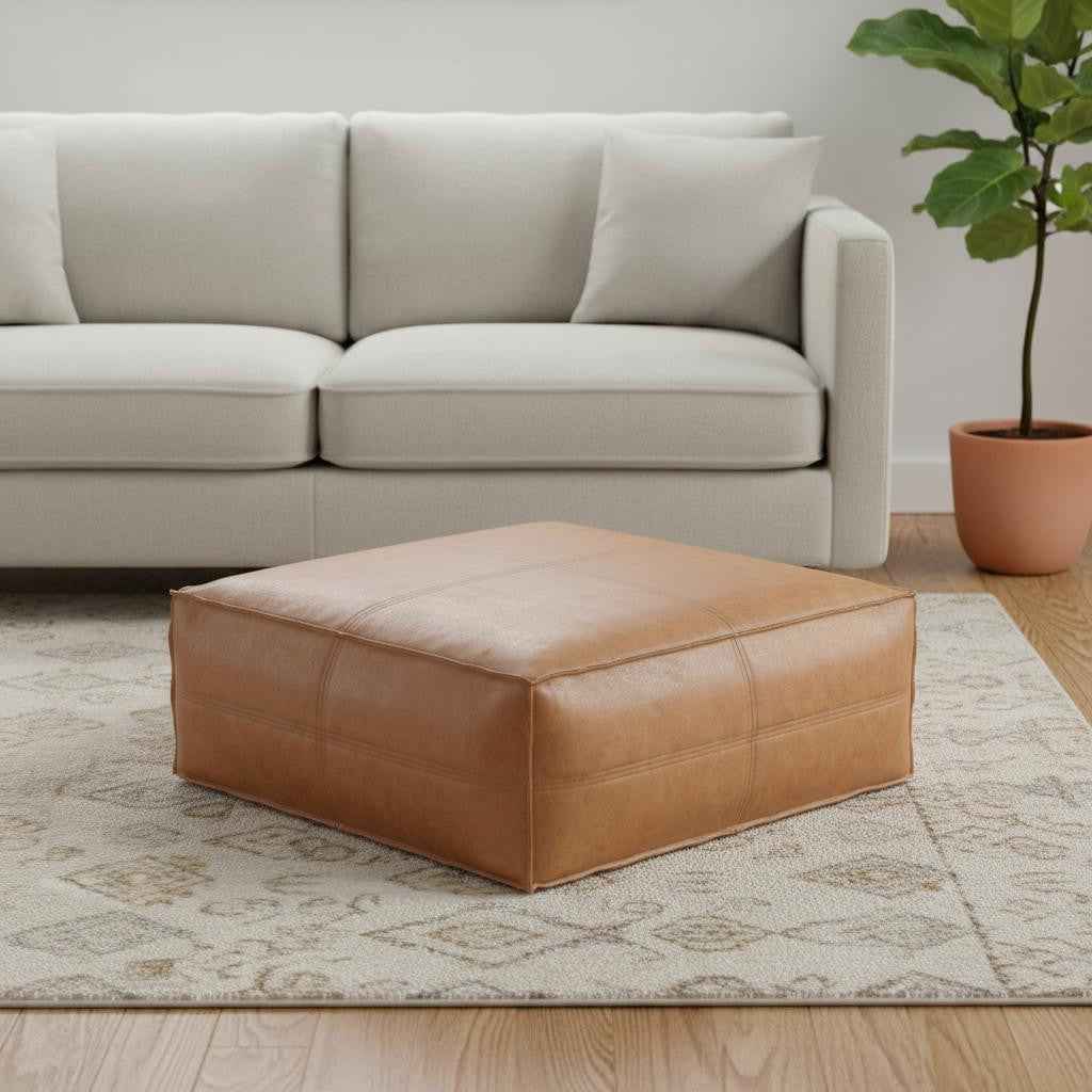 36" Brown Faux Leather Pouf Ottoman