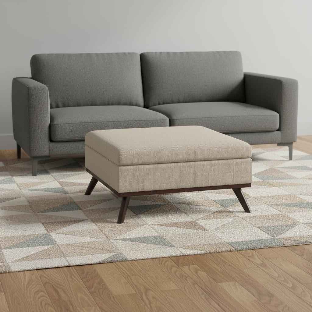 36" Natural and Brown Fabric Cocktail Ottoman With Storage