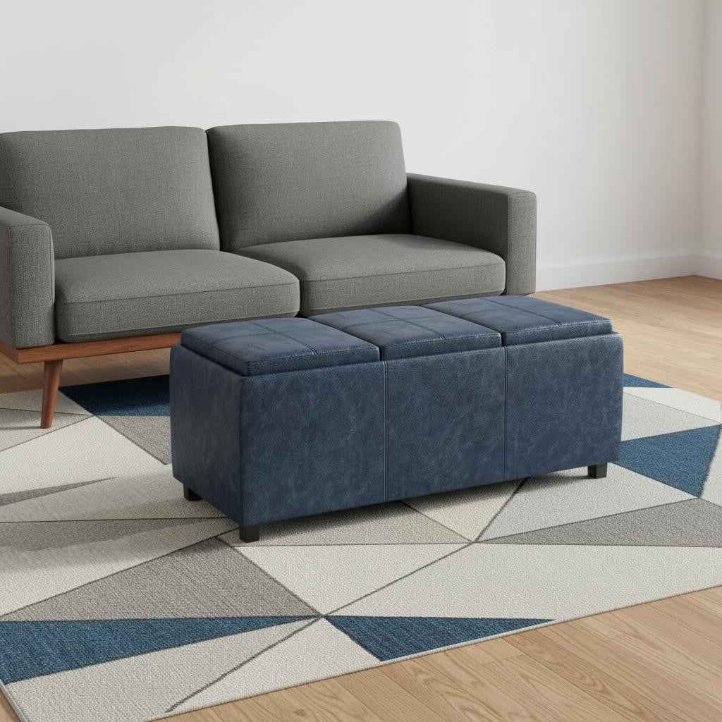 42" Dark Brown and Denim Blue Upholstery Storage Ottoman