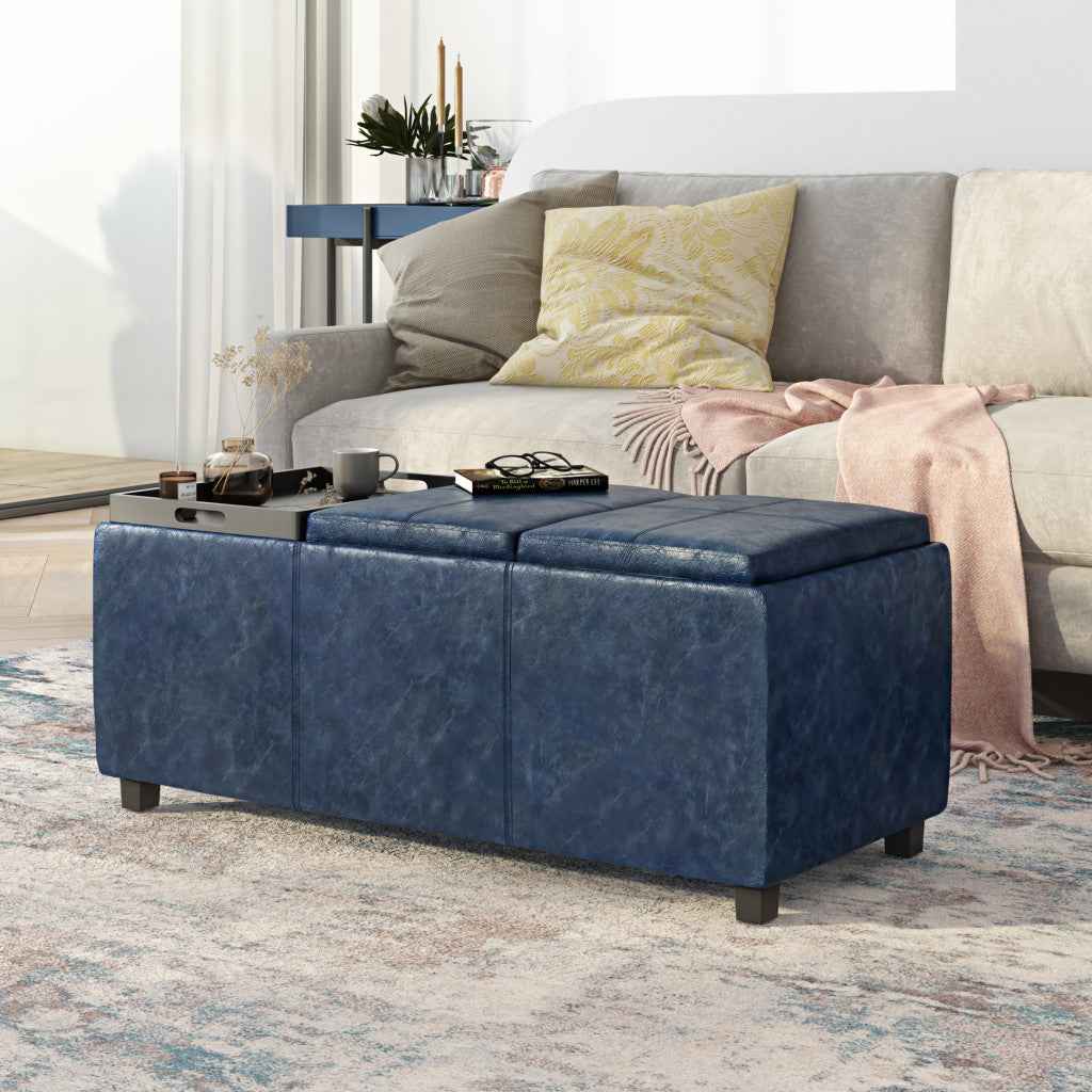 42" Dark Brown and Denim Blue Upholstery Storage Ottoman