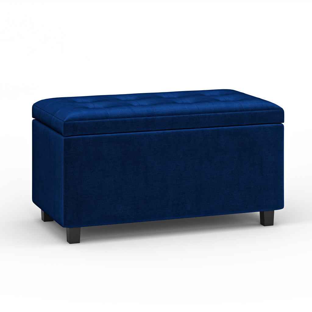 34" Dark Brown and Blue Upholstery Storage Ottoman
