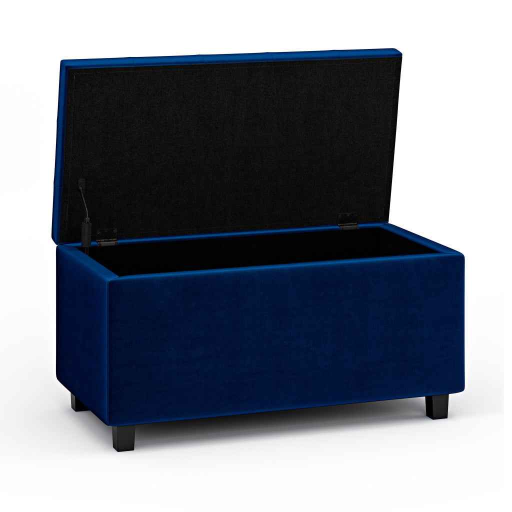34" Dark Brown and Blue Upholstery Storage Ottoman