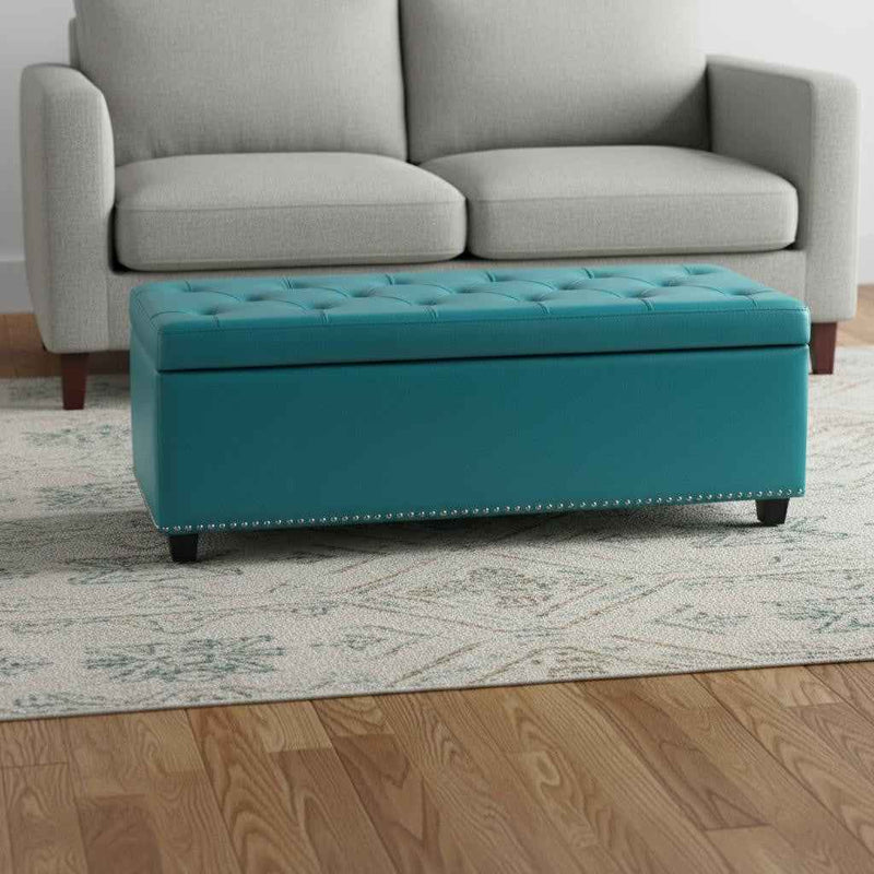 48" Dark Brown and Blue Upholstery Storage Ottoman