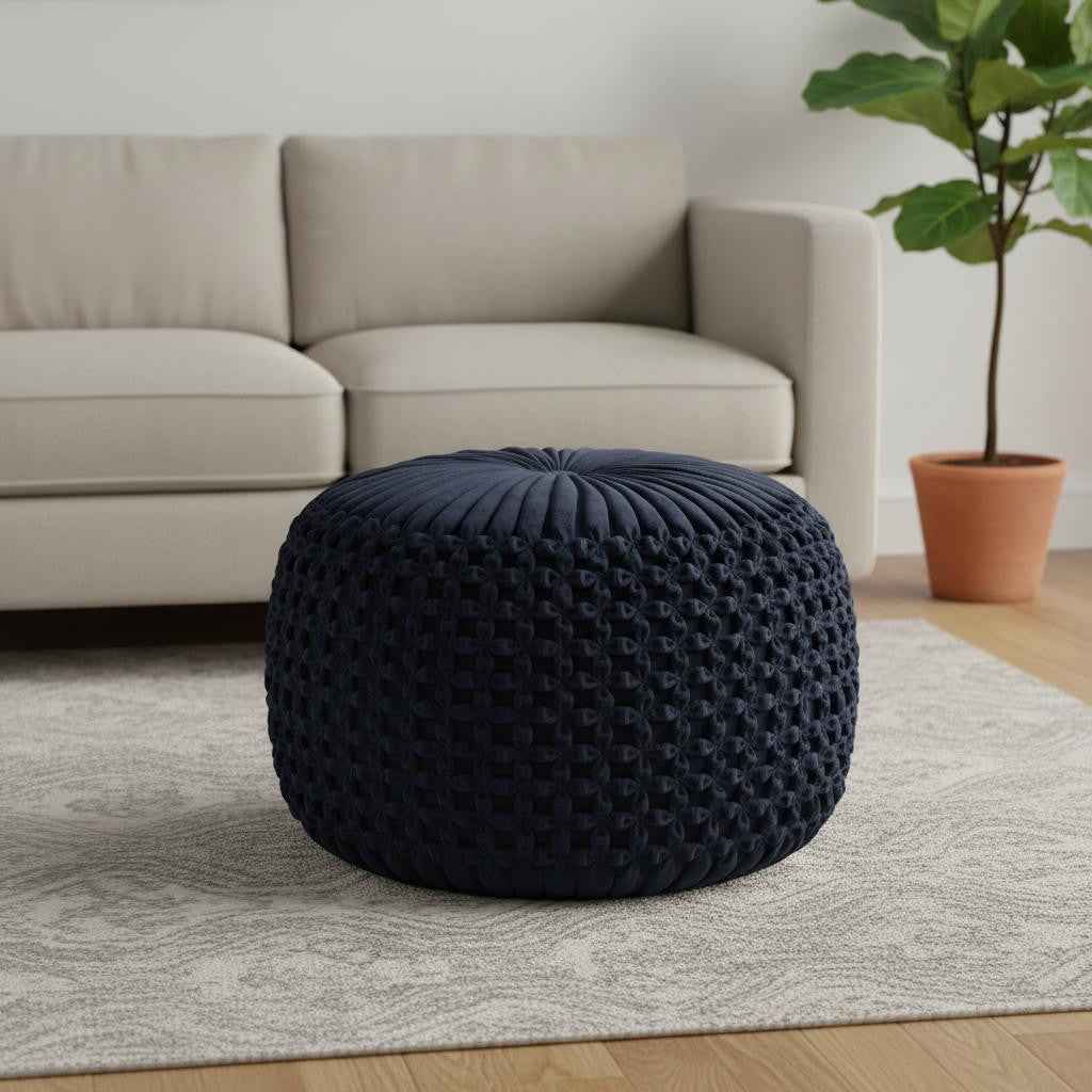 20" Blue Velvet Round Pouf Ottoman