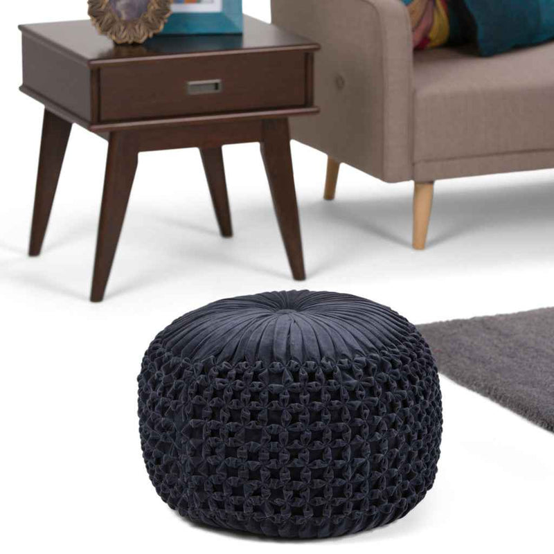 20" Blue Velvet Round Pouf Ottoman