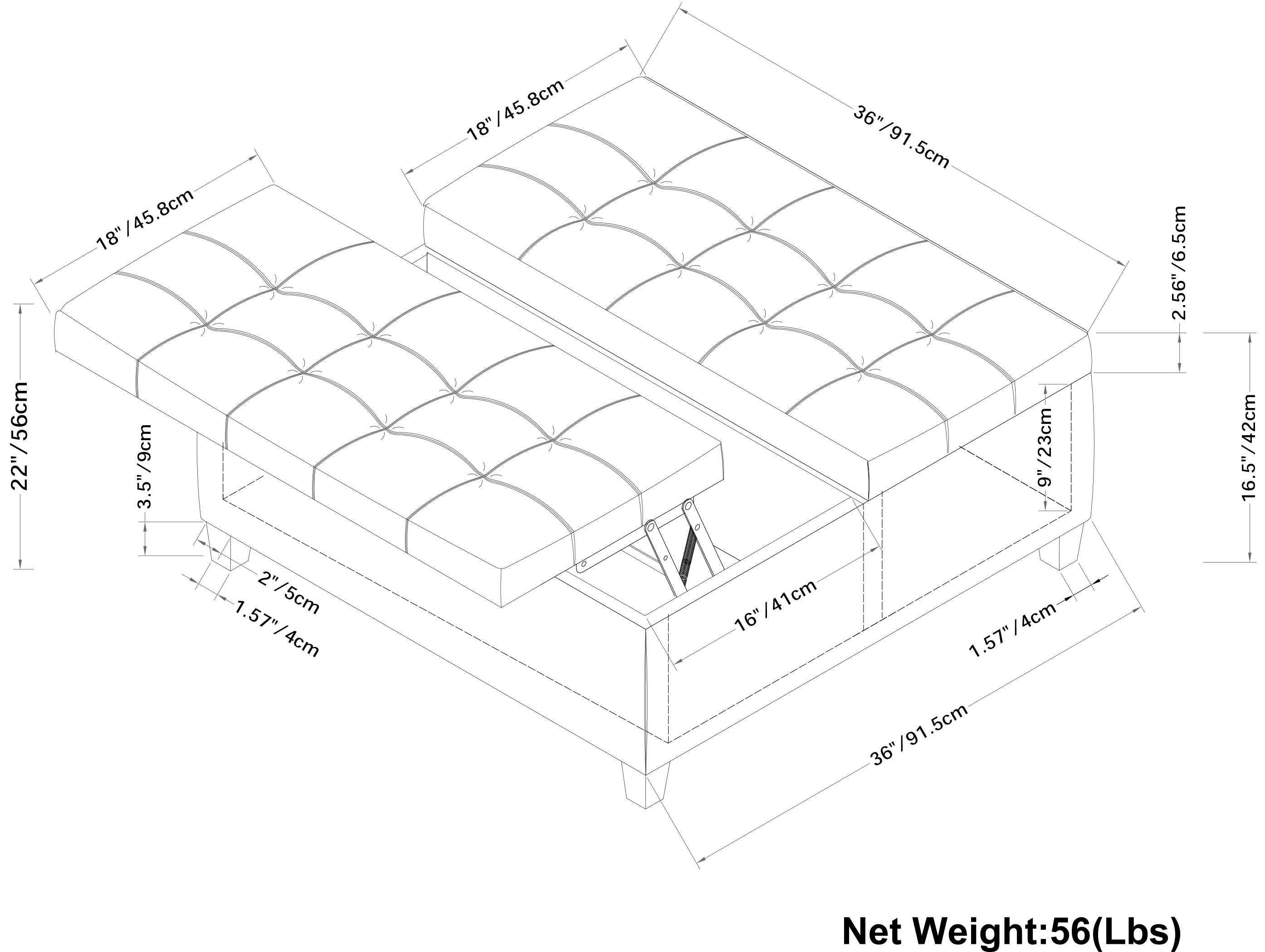 36" Gray and Espresso Leather Cocktail Ottoman With Storage