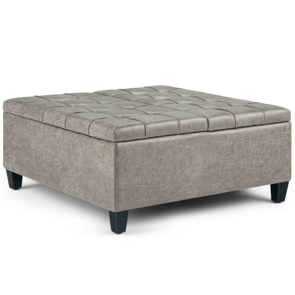 36" Gray and Espresso Leather Cocktail Ottoman With Storage