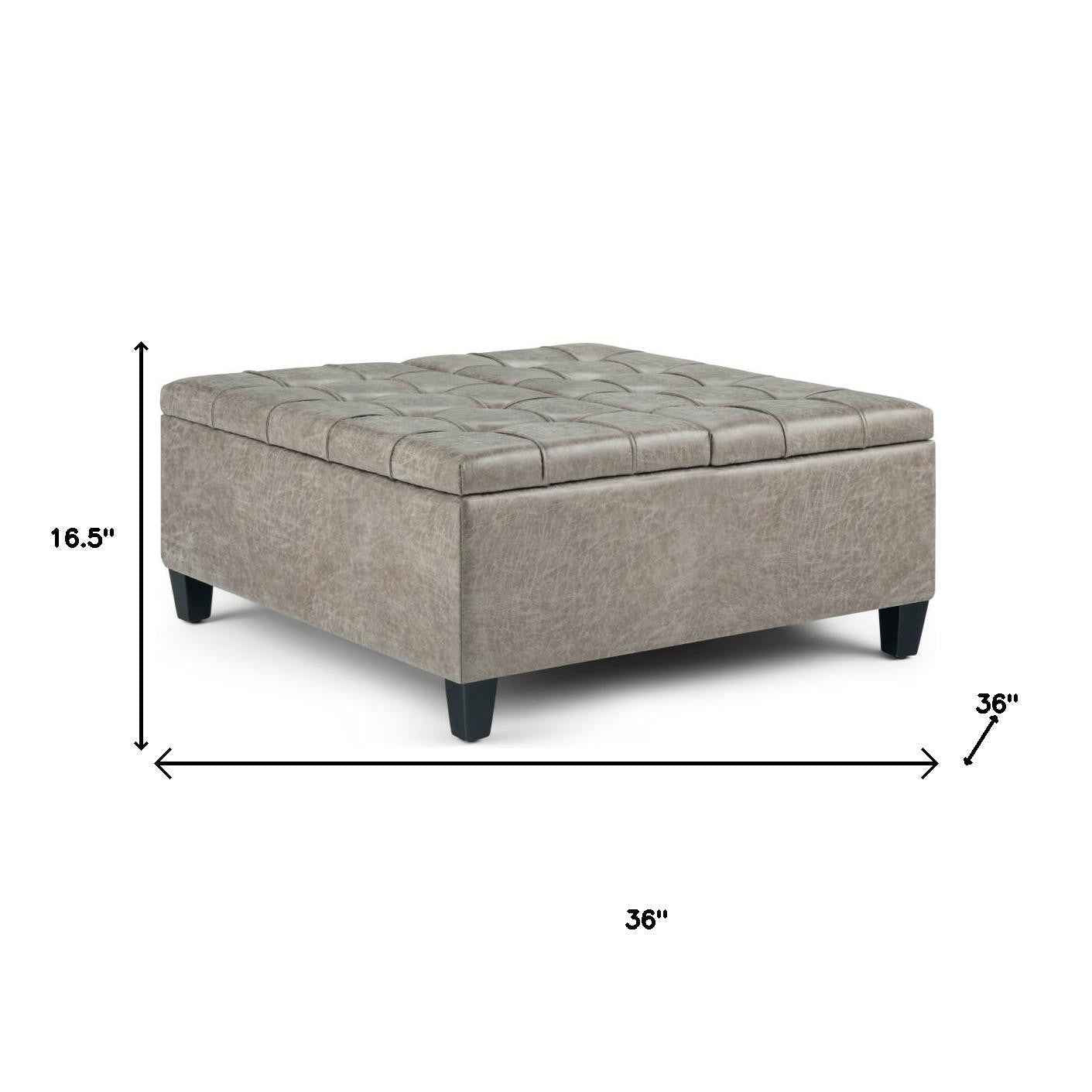 36" Gray and Espresso Leather Cocktail Ottoman With Storage