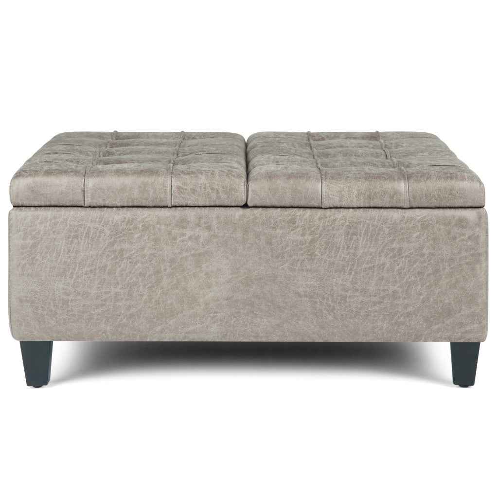 36" Gray and Espresso Leather Cocktail Ottoman With Storage