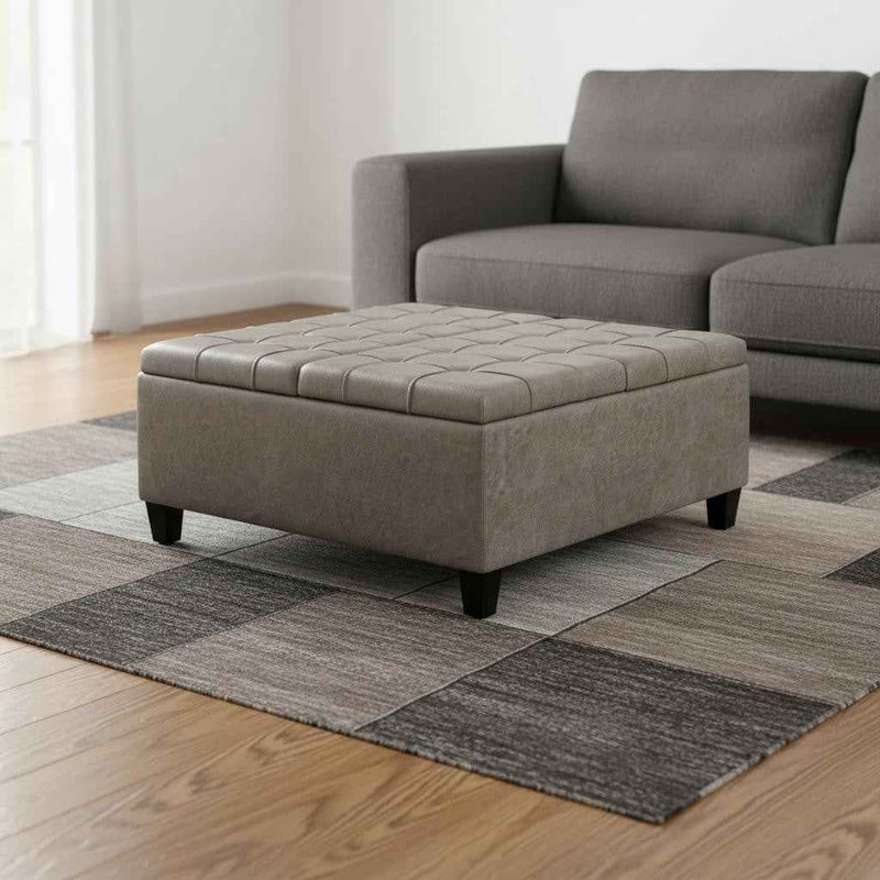 36" Gray and Espresso Leather Cocktail Ottoman With Storage