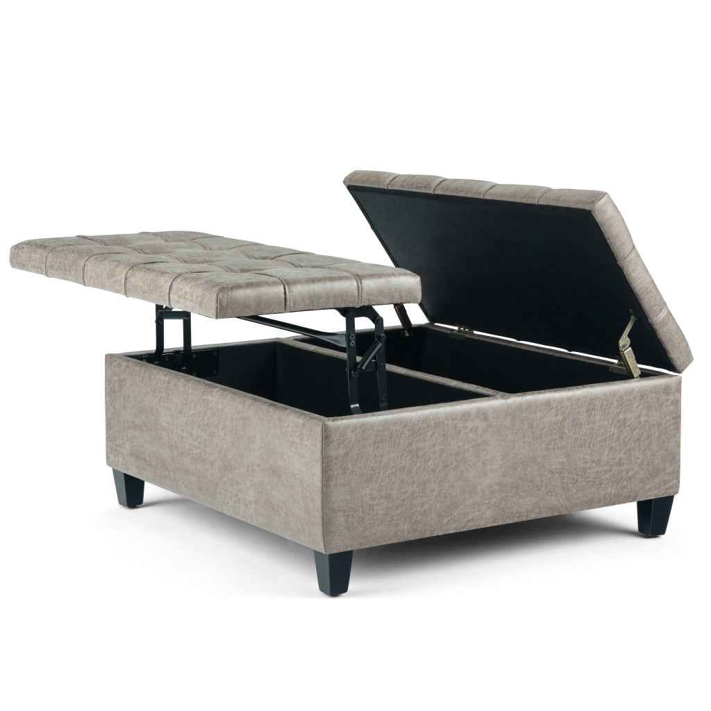 36" Gray and Espresso Leather Cocktail Ottoman With Storage