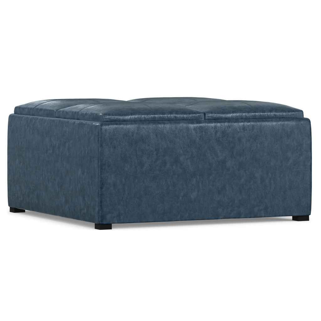 35" Blue and Dark Brown Leather Cocktail Ottoman With Storage