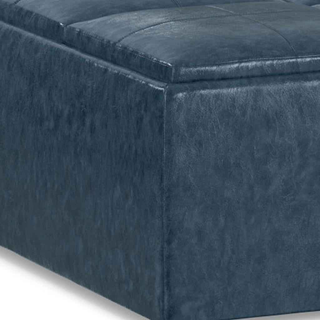 35" Blue and Dark Brown Leather Cocktail Ottoman With Storage