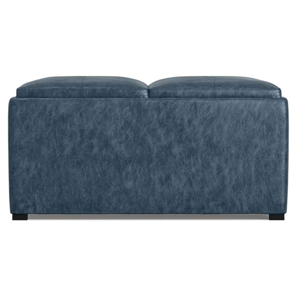 35" Blue and Dark Brown Leather Cocktail Ottoman With Storage