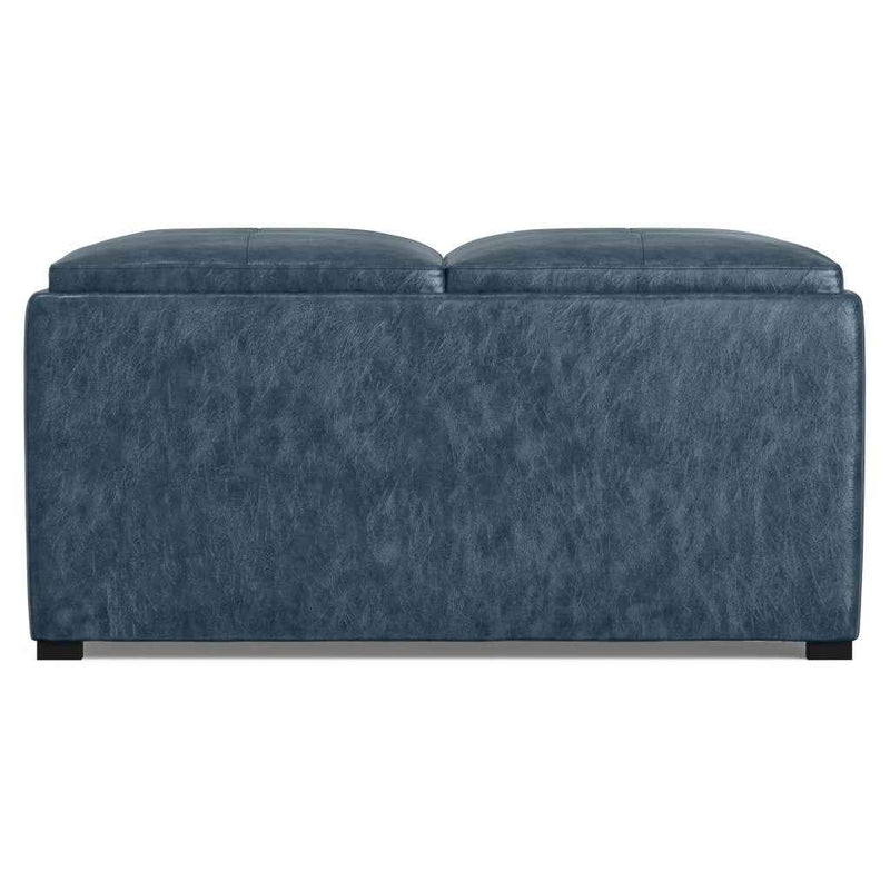 35" Blue and Dark Brown Leather Cocktail Ottoman With Storage