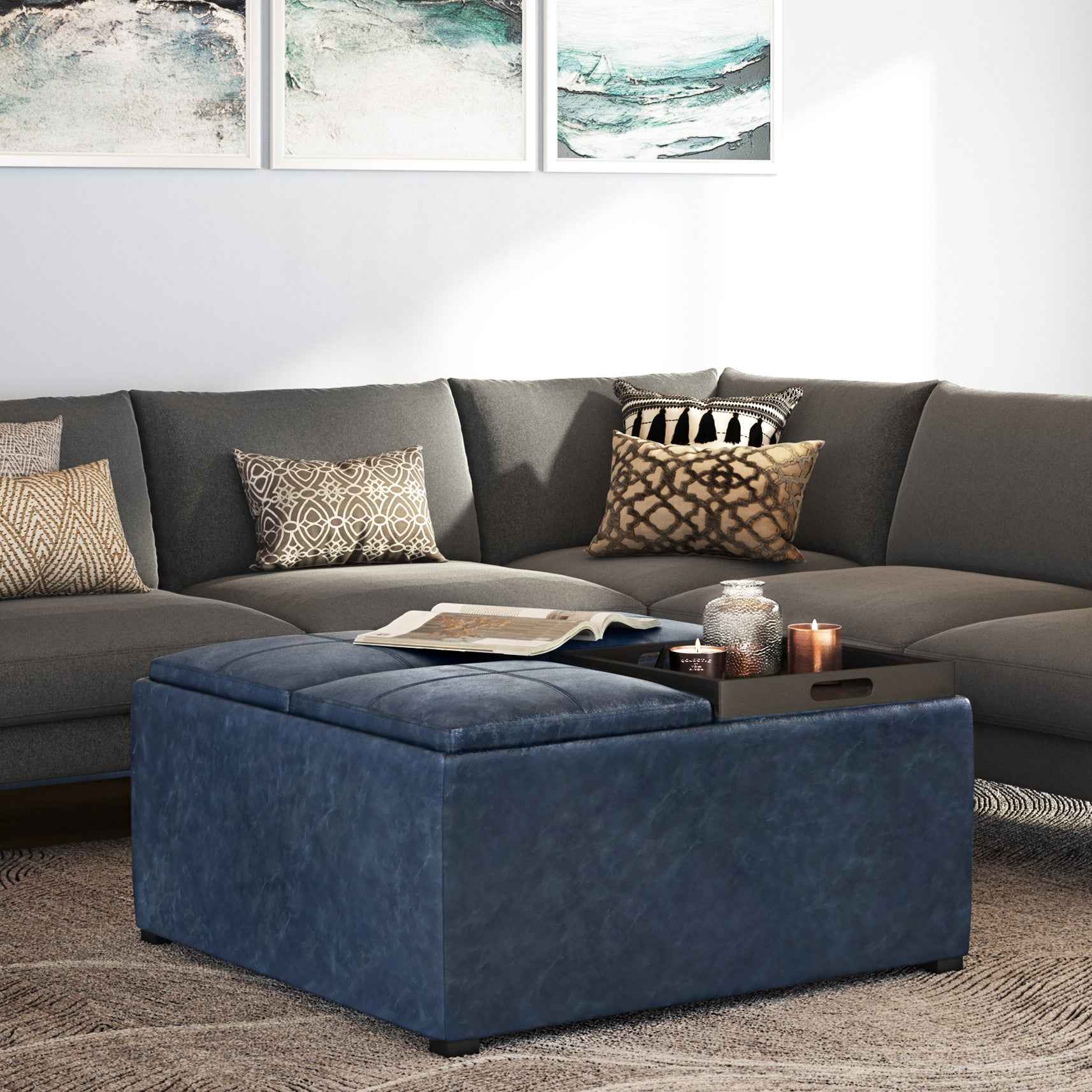 35" Blue and Dark Brown Leather Cocktail Ottoman With Storage