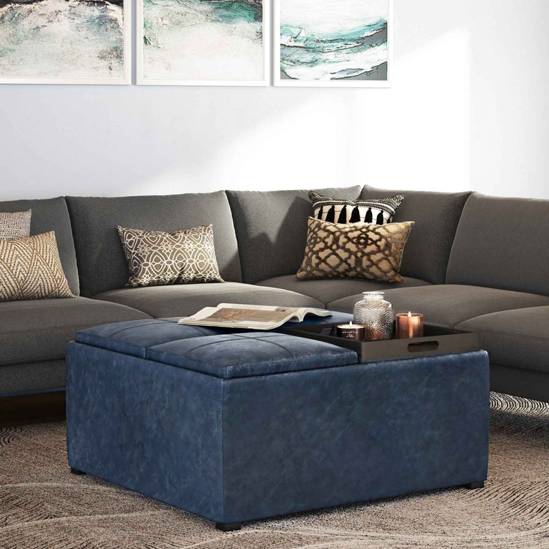 35" Blue and Dark Brown Leather Cocktail Ottoman With Storage