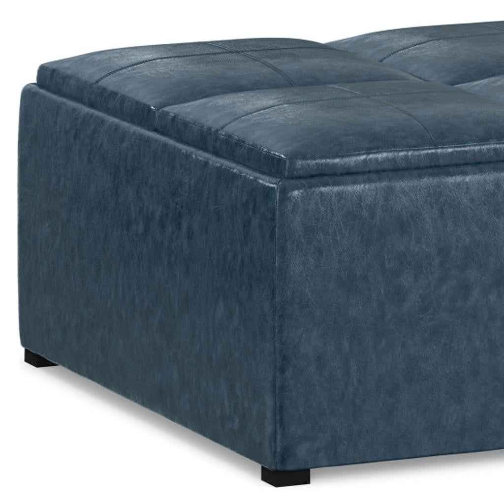 35" Blue and Dark Brown Leather Cocktail Ottoman With Storage