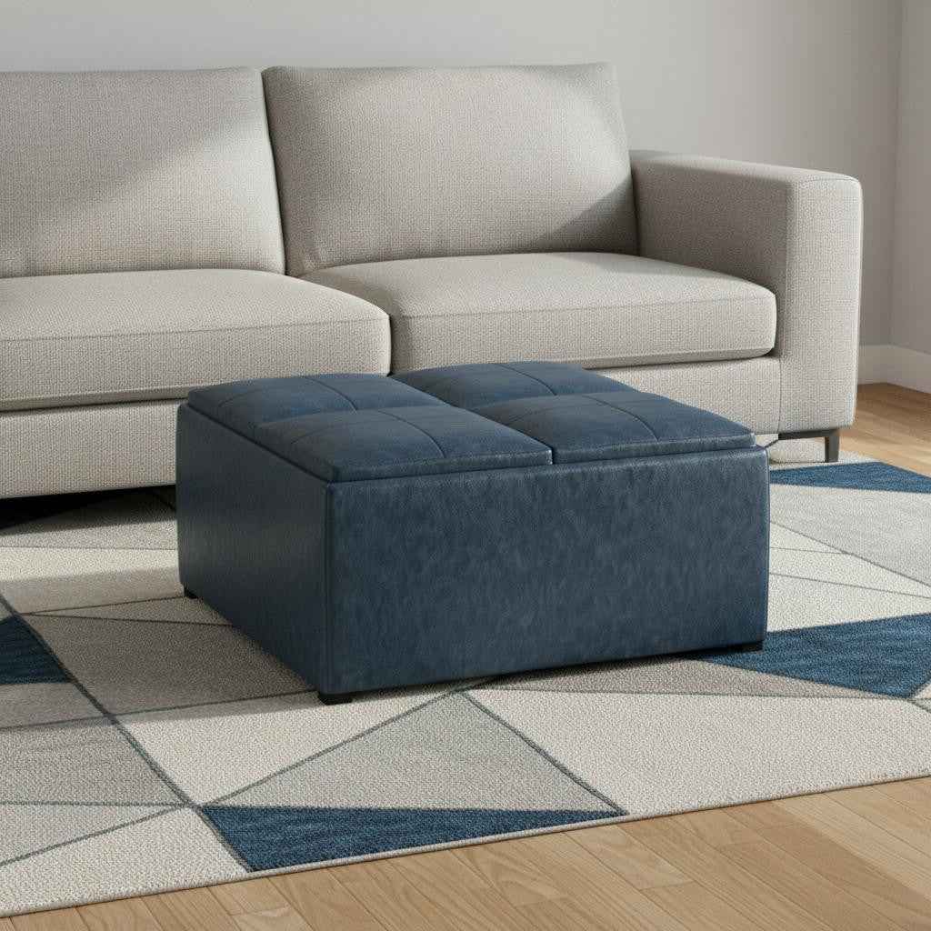 35" Blue and Dark Brown Leather Cocktail Ottoman With Storage