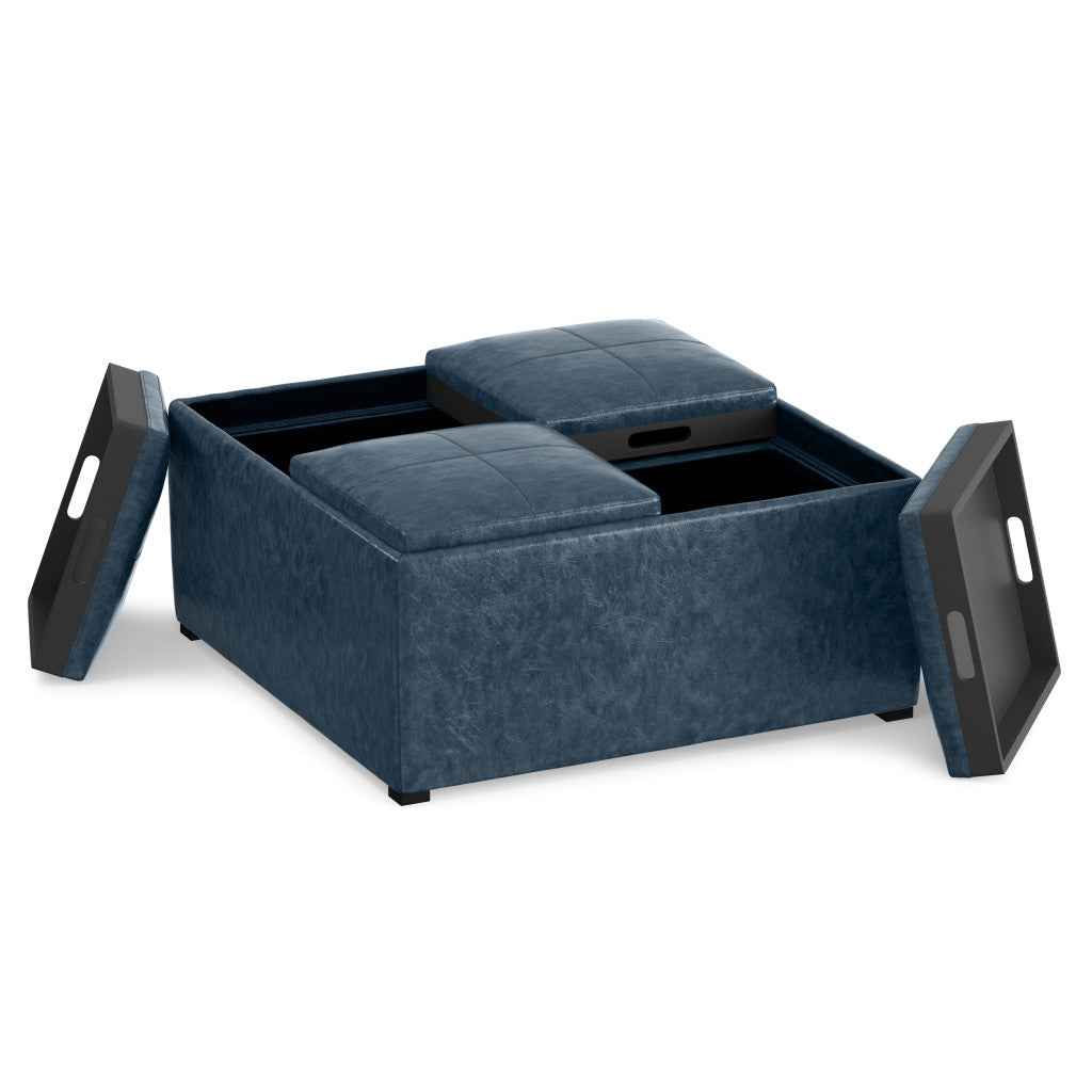35" Blue and Dark Brown Leather Cocktail Ottoman With Storage