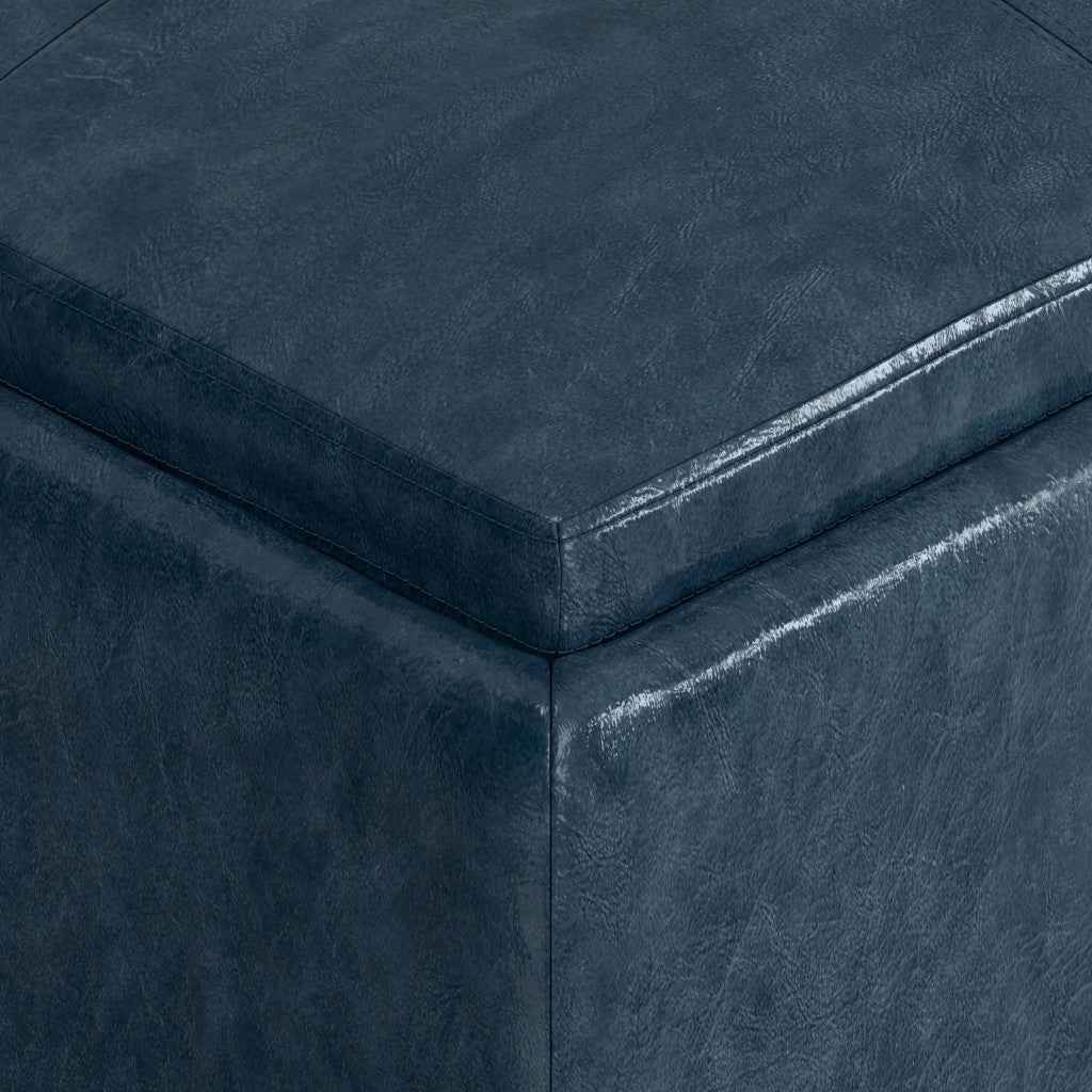 35" Blue and Dark Brown Leather Cocktail Ottoman With Storage