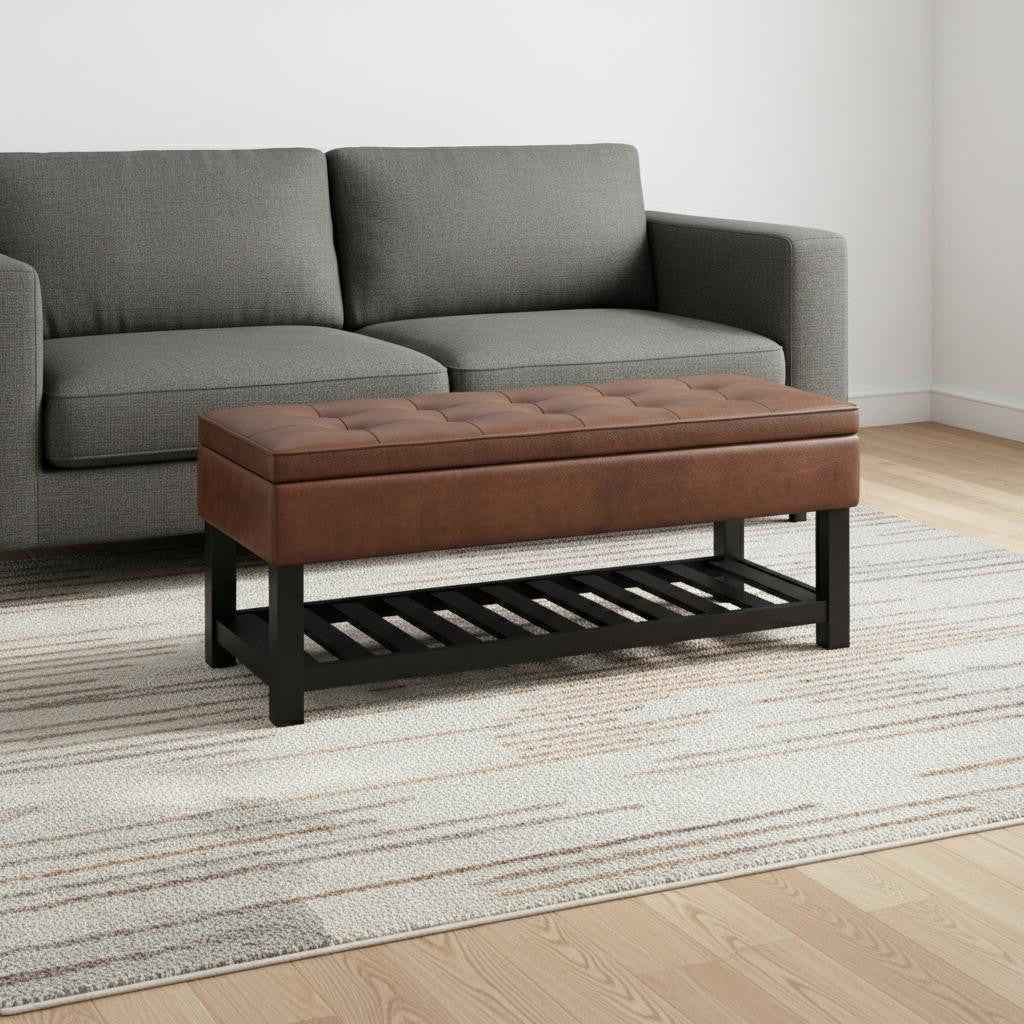 44" Brown and Dark Brown Leather Ottoman With Storage