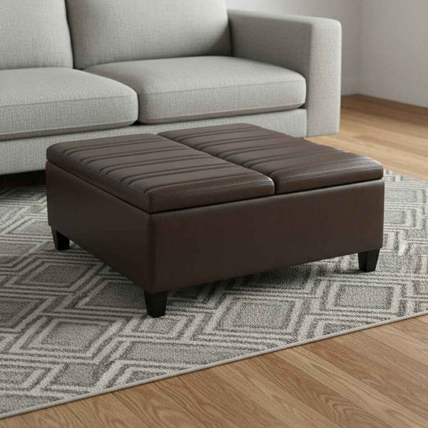 36" Brown and Espresso Leather Cocktail Ottoman With Storage
