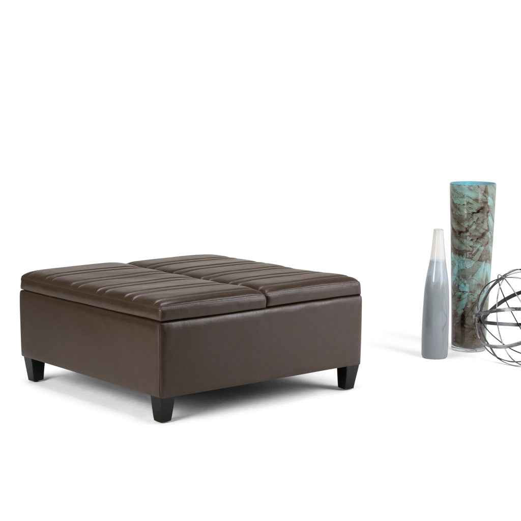 36" Brown and Espresso Leather Cocktail Ottoman With Storage