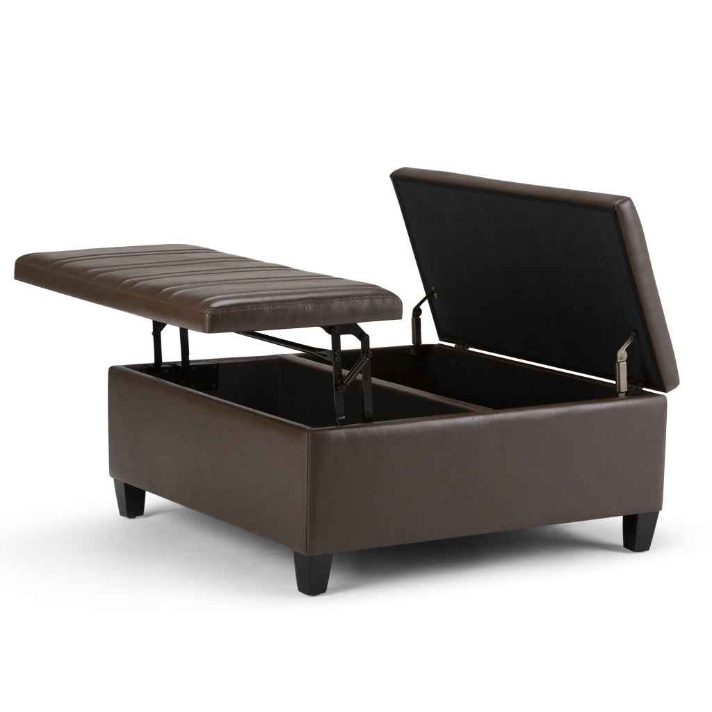 36" Brown and Espresso Leather Cocktail Ottoman With Storage