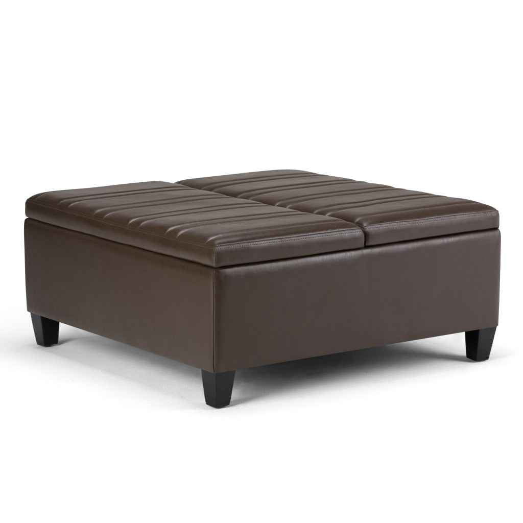 36" Brown and Espresso Leather Cocktail Ottoman With Storage