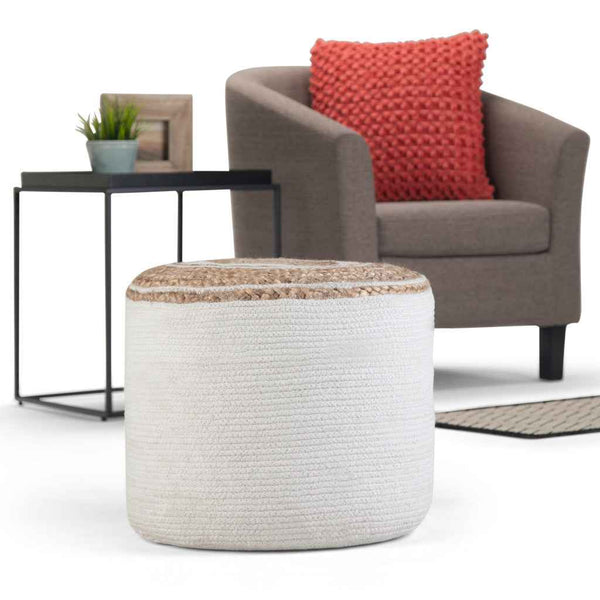 18" Off White Cotton Round Pouf Ottoman