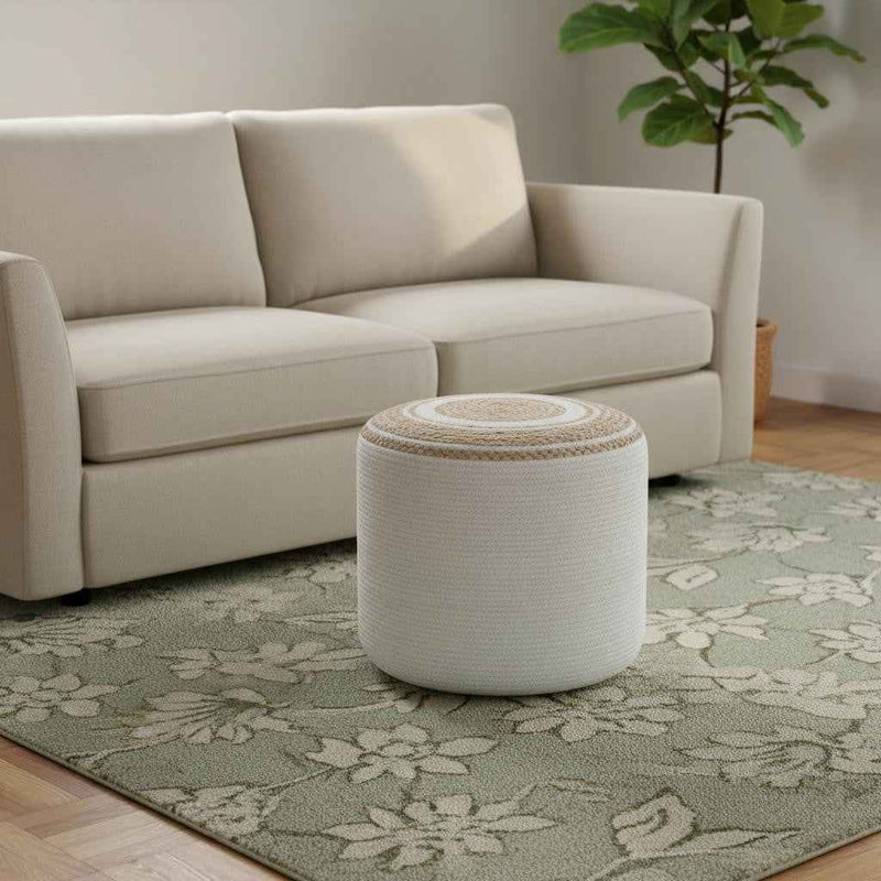 18" Off White Cotton Round Pouf Ottoman