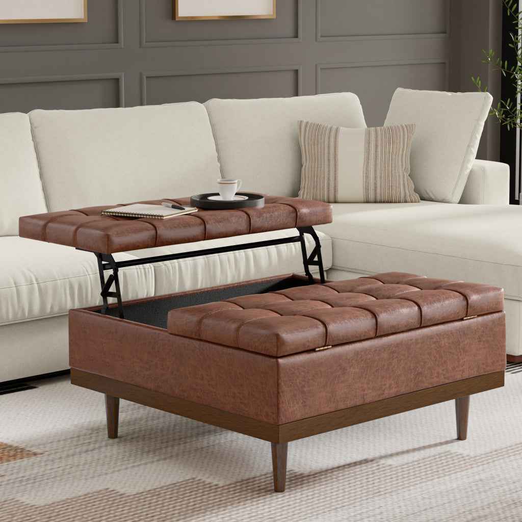 36" Walnut and Brown Upholstery Storage Ottoman