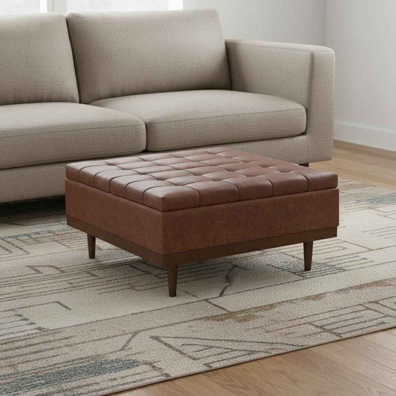36" Walnut and Brown Upholstery Storage Ottoman