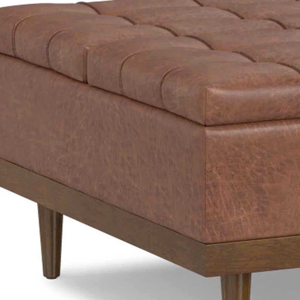 36" Walnut and Brown Upholstery Storage Ottoman