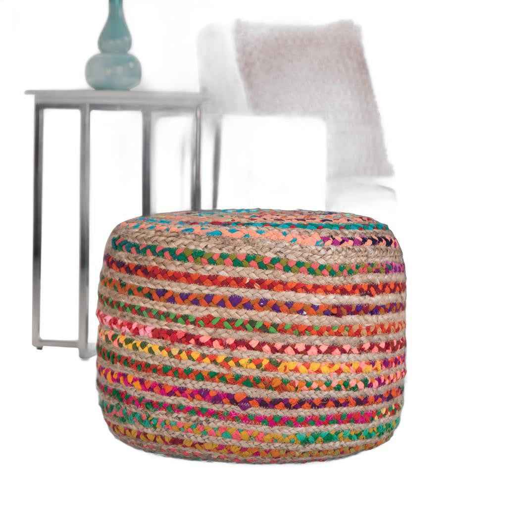 20" Blue Jute Round Pouf Ottoman