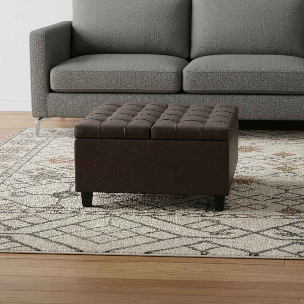 30" Brown Leather Cocktail Ottoman With Storage