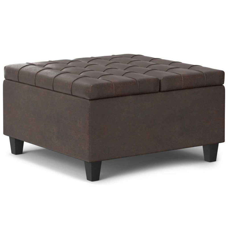30" Brown Leather Cocktail Ottoman With Storage