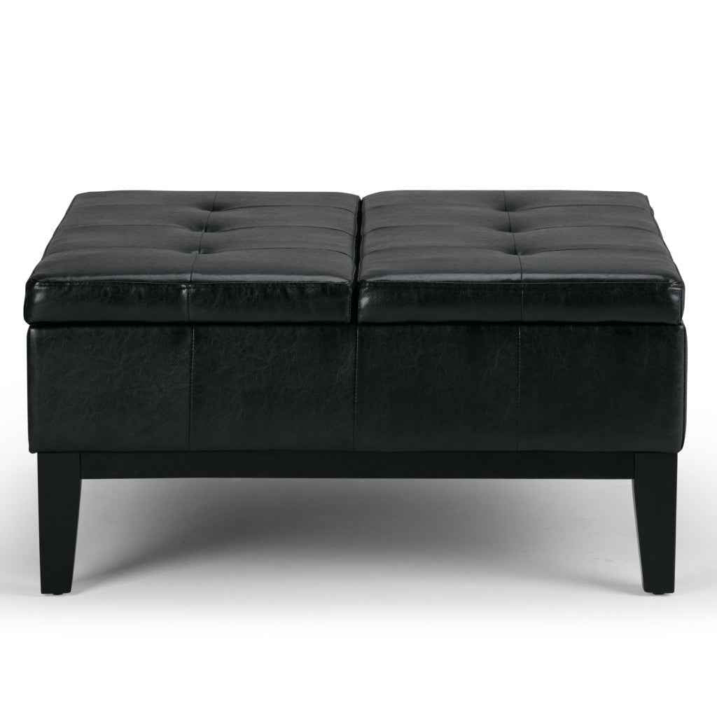 36" Black and Dark Brown Leather Cocktail Ottoman With Storage