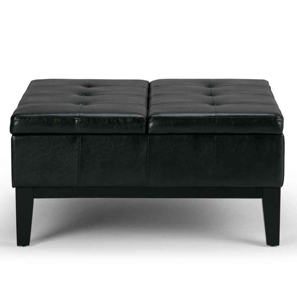 36" Black and Dark Brown Leather Cocktail Ottoman With Storage
