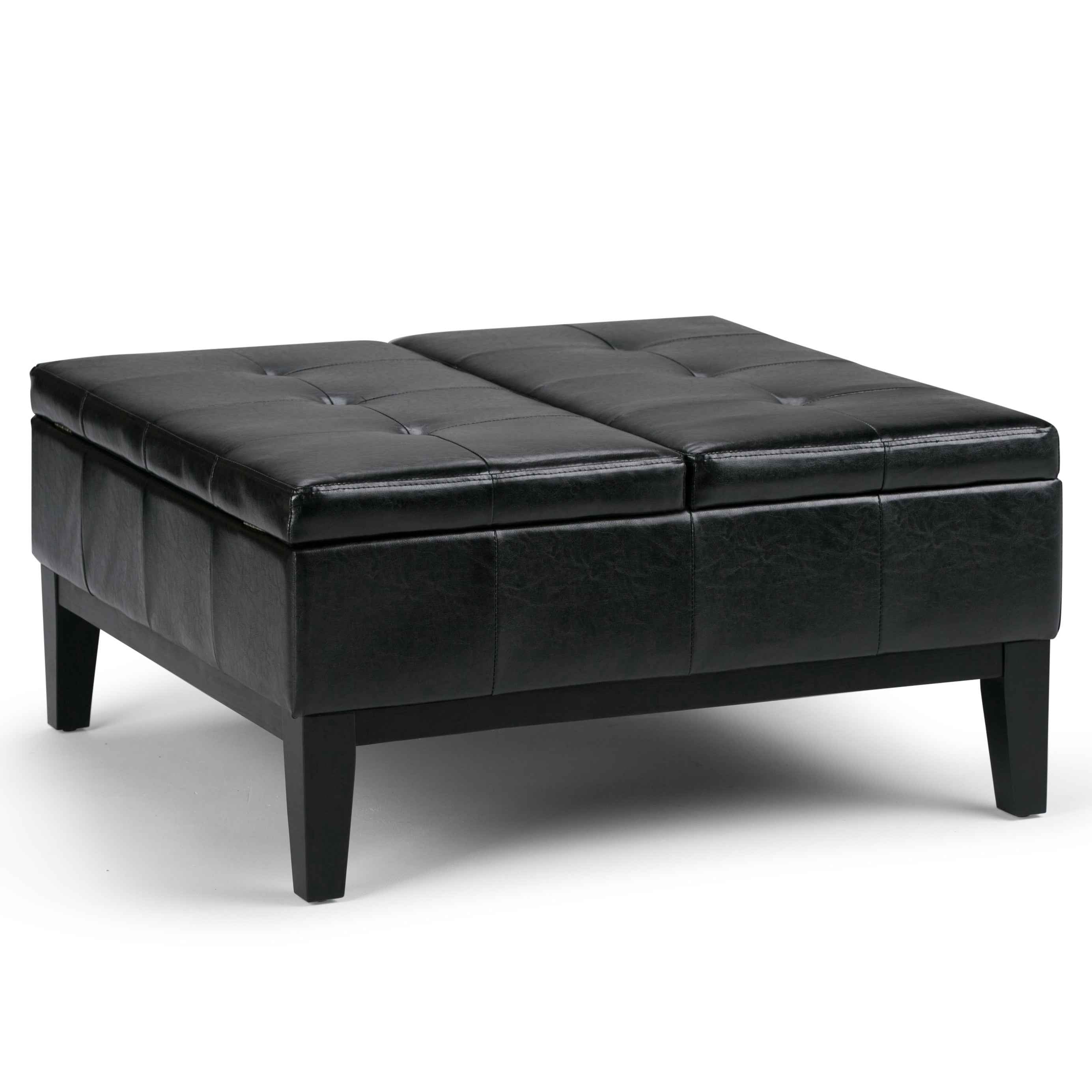 36" Black and Dark Brown Leather Cocktail Ottoman With Storage